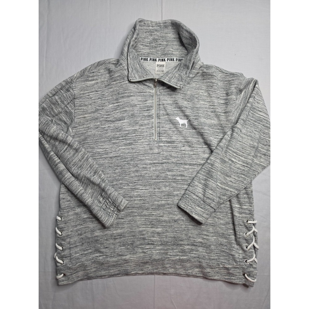 PINK Victoria's Secret Sweatshirt Womens L Heather Gray Side Lace-Up Quarter-Zip